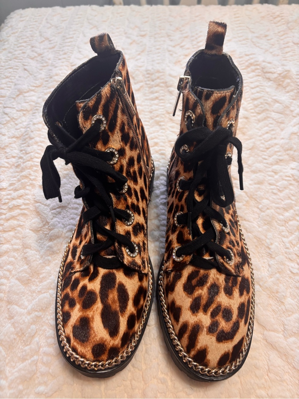 Gianni Bini Leopard Print combat Bootie  Gold Chain Rhinestone Detail Size 7.5